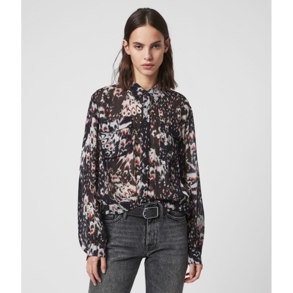 All Saints Adeliza Butterfly Wing Abstract Print Semi Sheer Blouse‎ Black XS